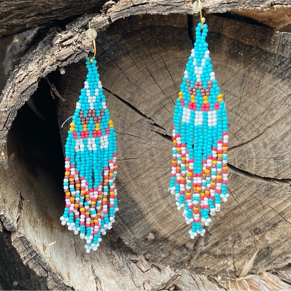 Saratoga Native American Inspired Beaded Fringe Earrings Turquoise Multicolor - Picture 3 of 8